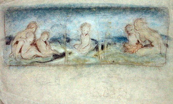 Lapsi keijujen keskuudessa -tutkimus öljymaalausta varten (pastelli paperille) tekijältä Arthur Rackham