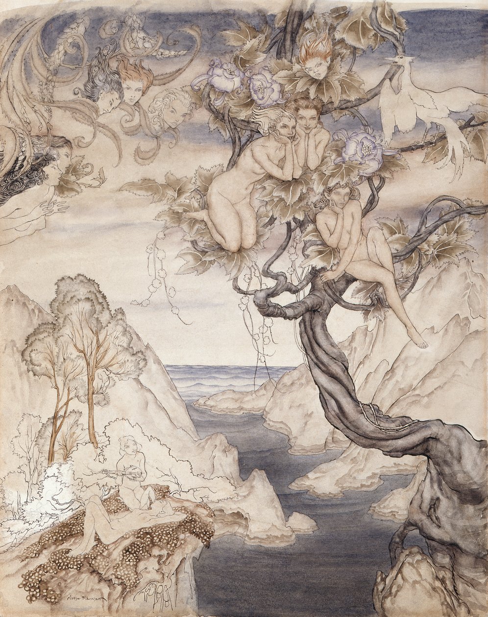 Keijulaulu, piirretty II näytökseen, kohtaus ii, elokuvasta Kesäyön unelma (kynä ja muste & wc paperille) tekijältä Arthur Rackham