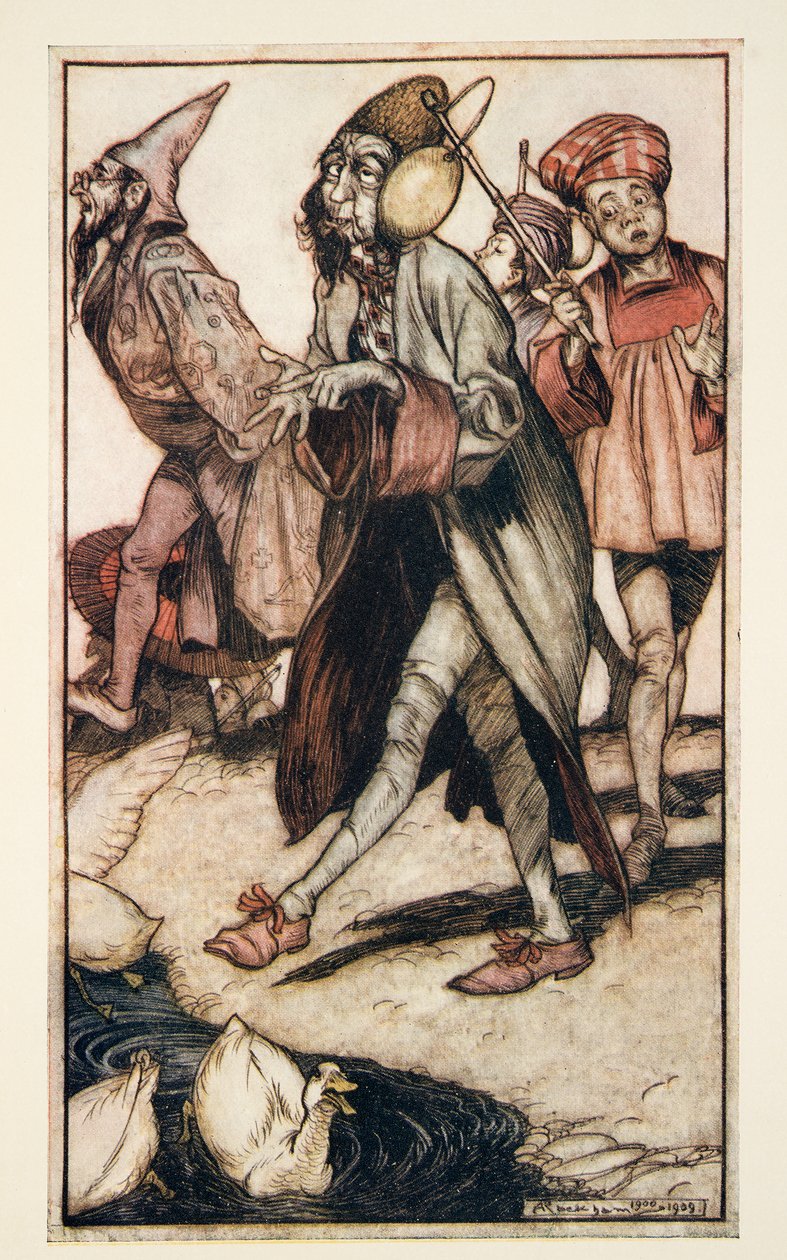 A Laputian Gentleman Taking a Walk, Jonathon Swiftin (1667 - 1745) teoksesta Gullivers Travels, julkaisu. 1909 tekijältä Arthur Rackham