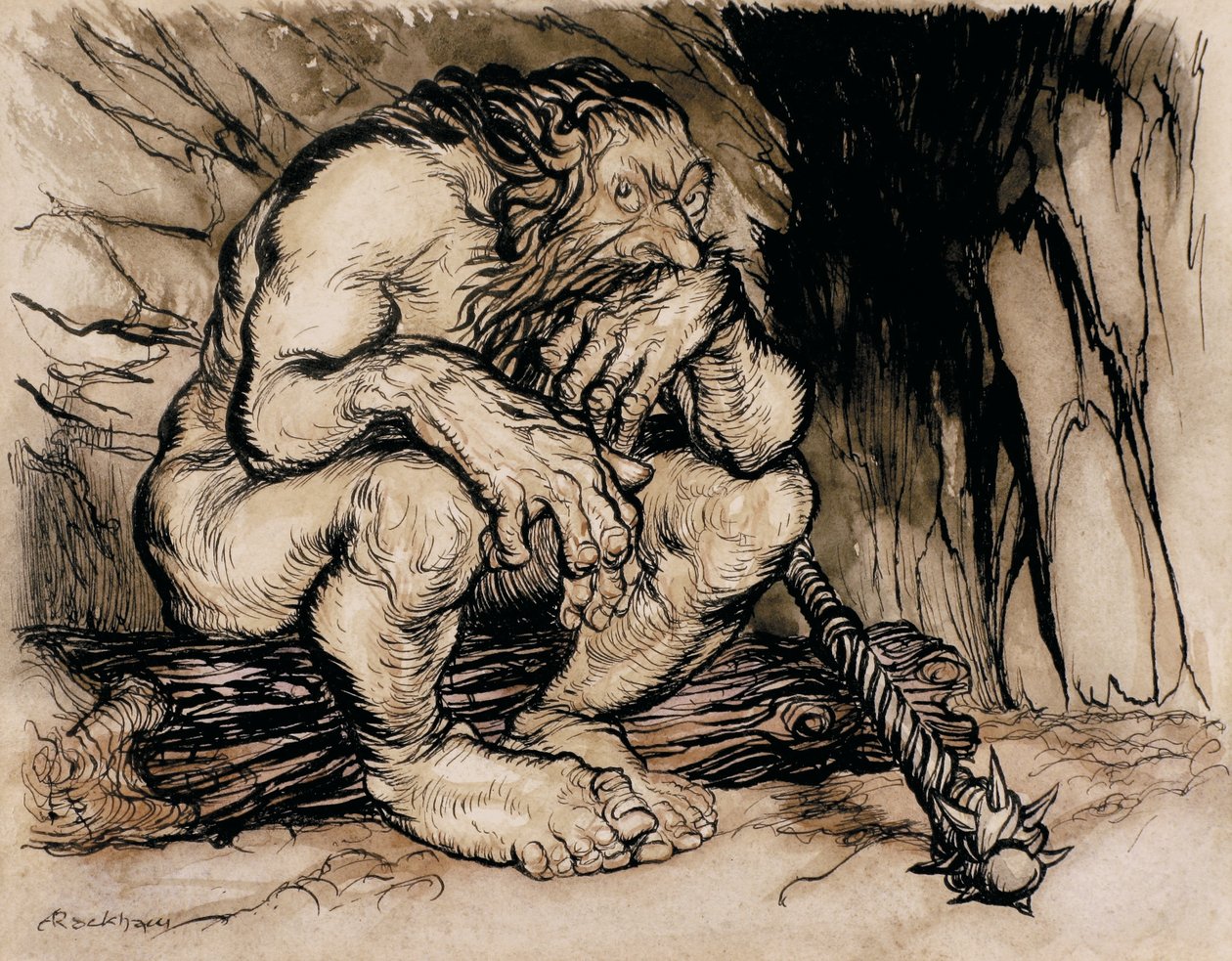 A Most Terrific Giant, kuvitus Englannin saduista, julkaistu 1918 (kynä & muste ja wc paperilla) tekijältä Arthur Rackham