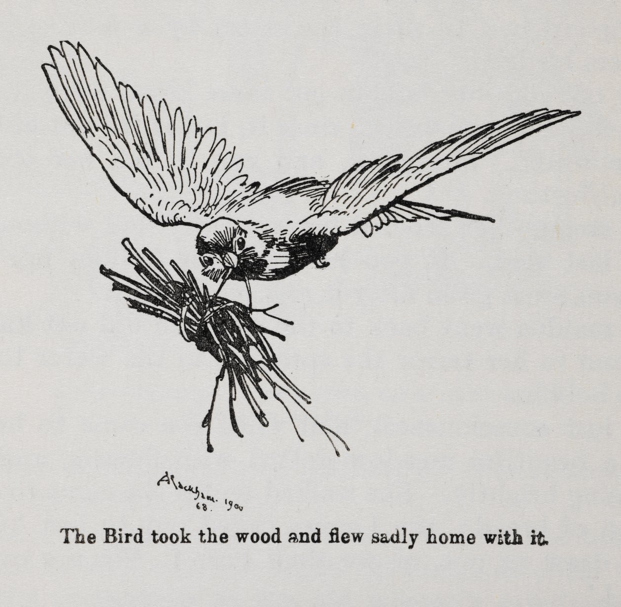 Lintu, joka kantaa nippua risuja. tekijältä Arthur Rackham
