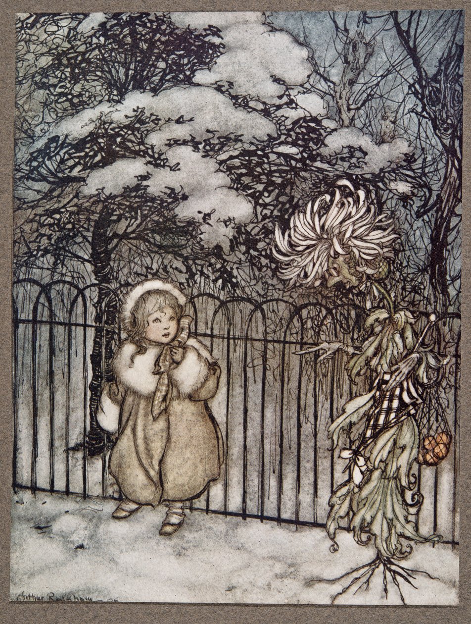 Eräs krysanteemi kuuli hänet ja sanoi terävästi: "Hoity-toity, mikä tämä on?", J. M. Barrien (1860-1937) Peter Pan in Kensington Gardens, kustantamo. 1906 tekijältä Arthur Rackham