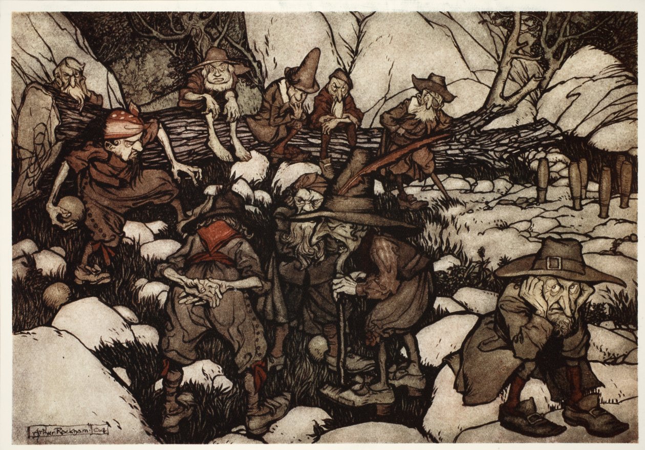 Ryhmä oudon näköisiä henkilöitä, jotka leikkivät yhdeksännastaisessa., Washington Irvingin Rip Van Winkle -pubista. 1910 tekijältä Arthur Rackham