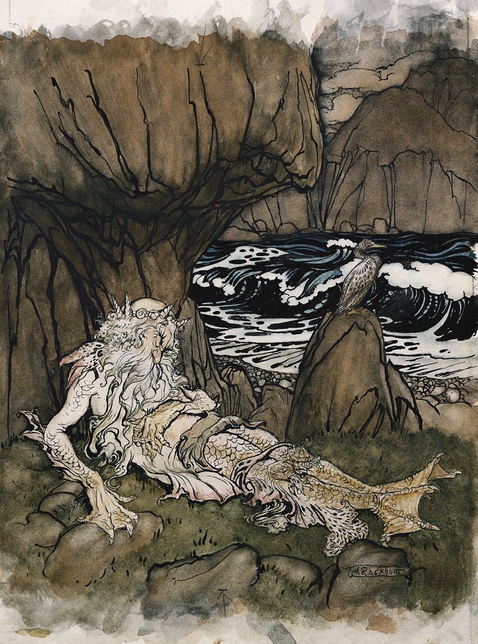 Kruunattu "merman", merenjumala nukkumassa kivirannalla tekijältä Arthur Rackham