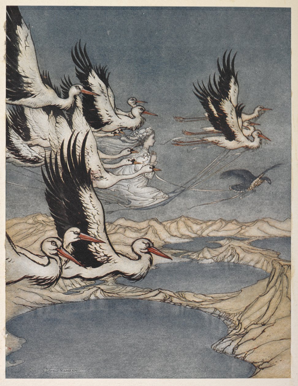 Lintuparvi kantaa pois Earl Marin tyttären häiden aattona tekijältä Arthur Rackham