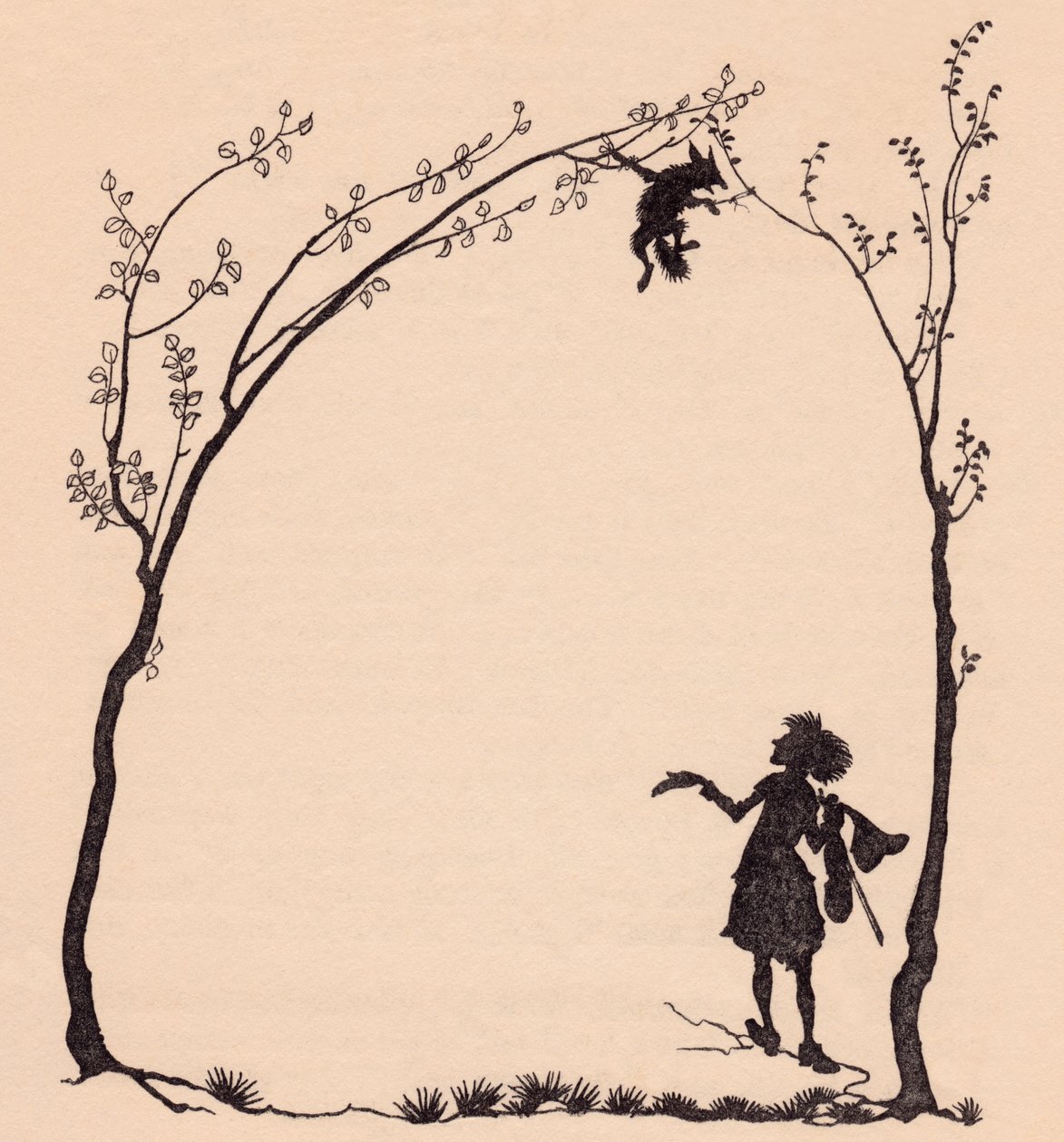 Kettu sidottu tassuistaan kahteen hasselpuuhun. Arthur Rackhamin kuvitus Grimm