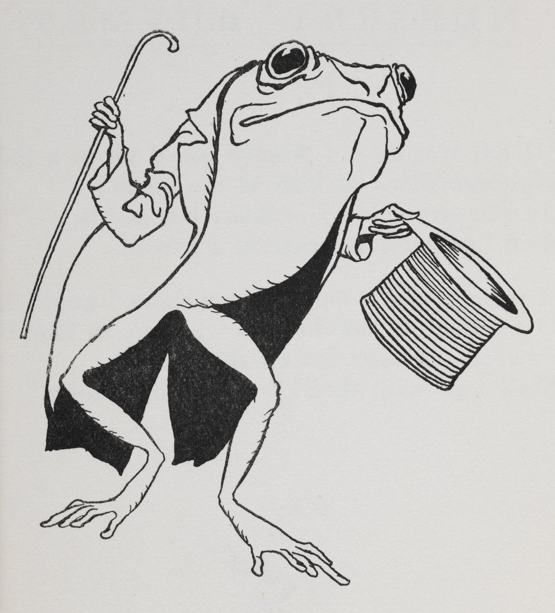Sammakko, jolla on silinteri ja hännät, kantaa keppiä. tekijältä Arthur Rackham