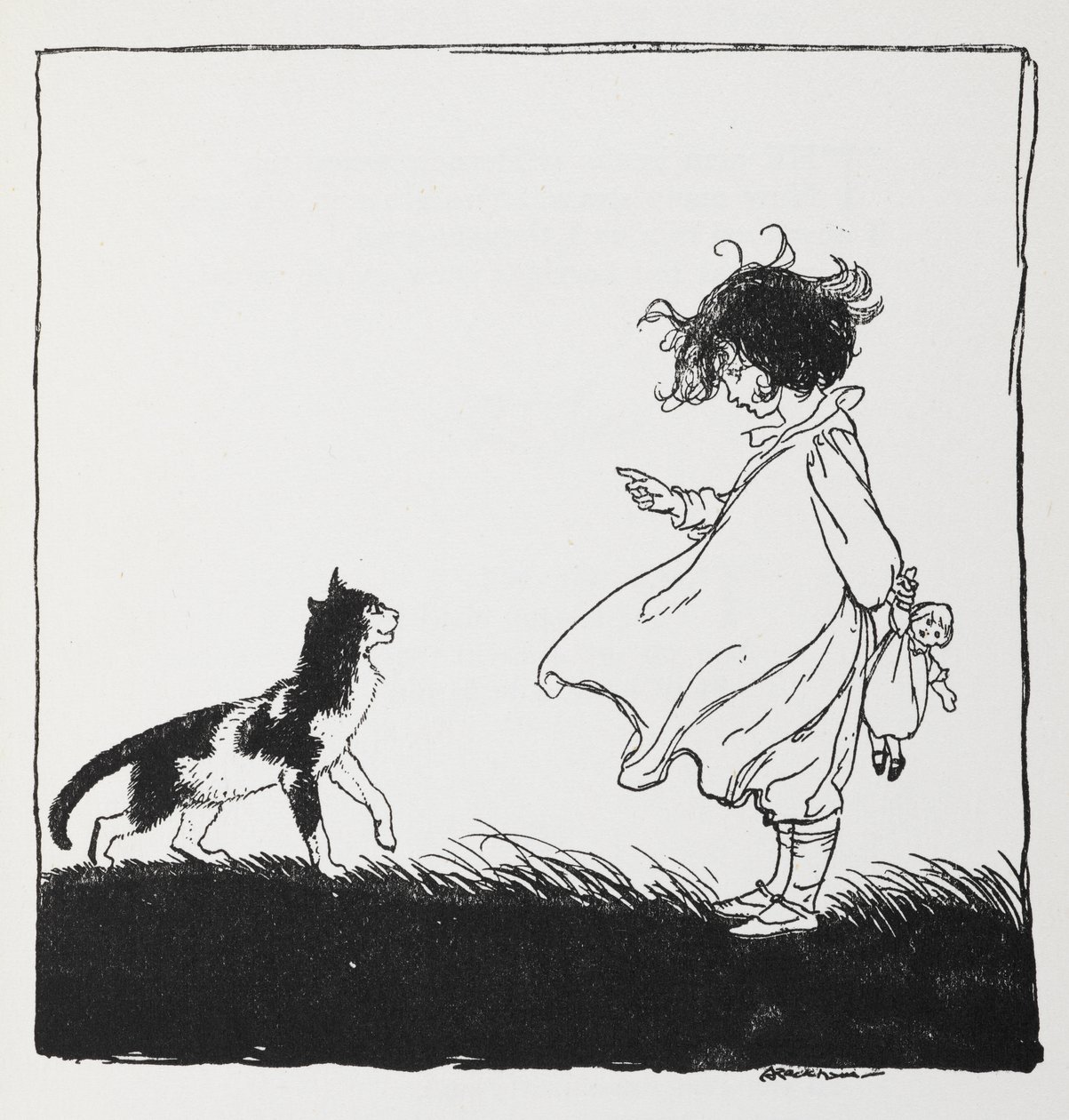 Tyttö, jolla on nukke, kertoo kissastaan. tekijältä Arthur Rackham