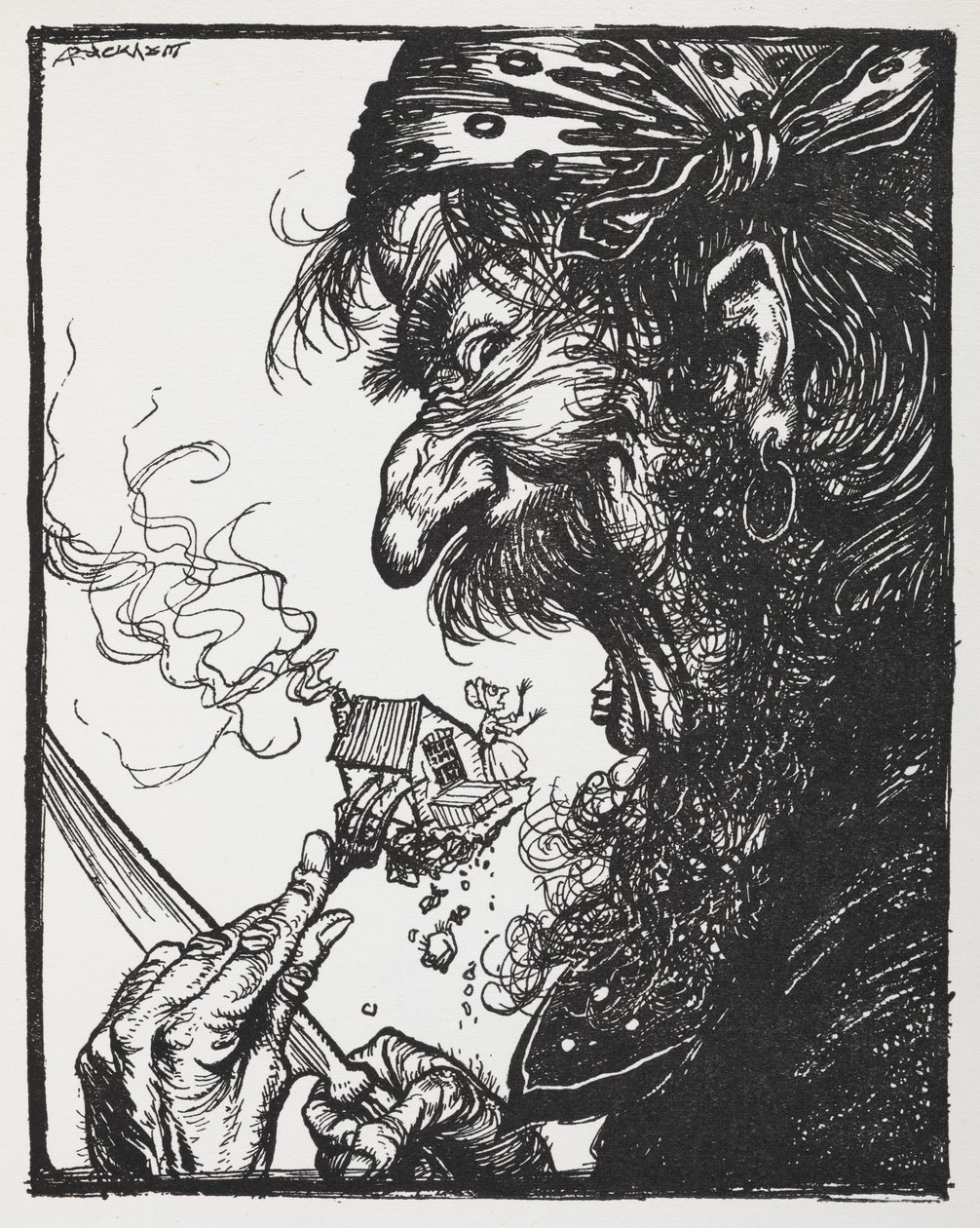 Iso mies syö pienen naisen ja hänen talonsa. tekijältä Arthur Rackham