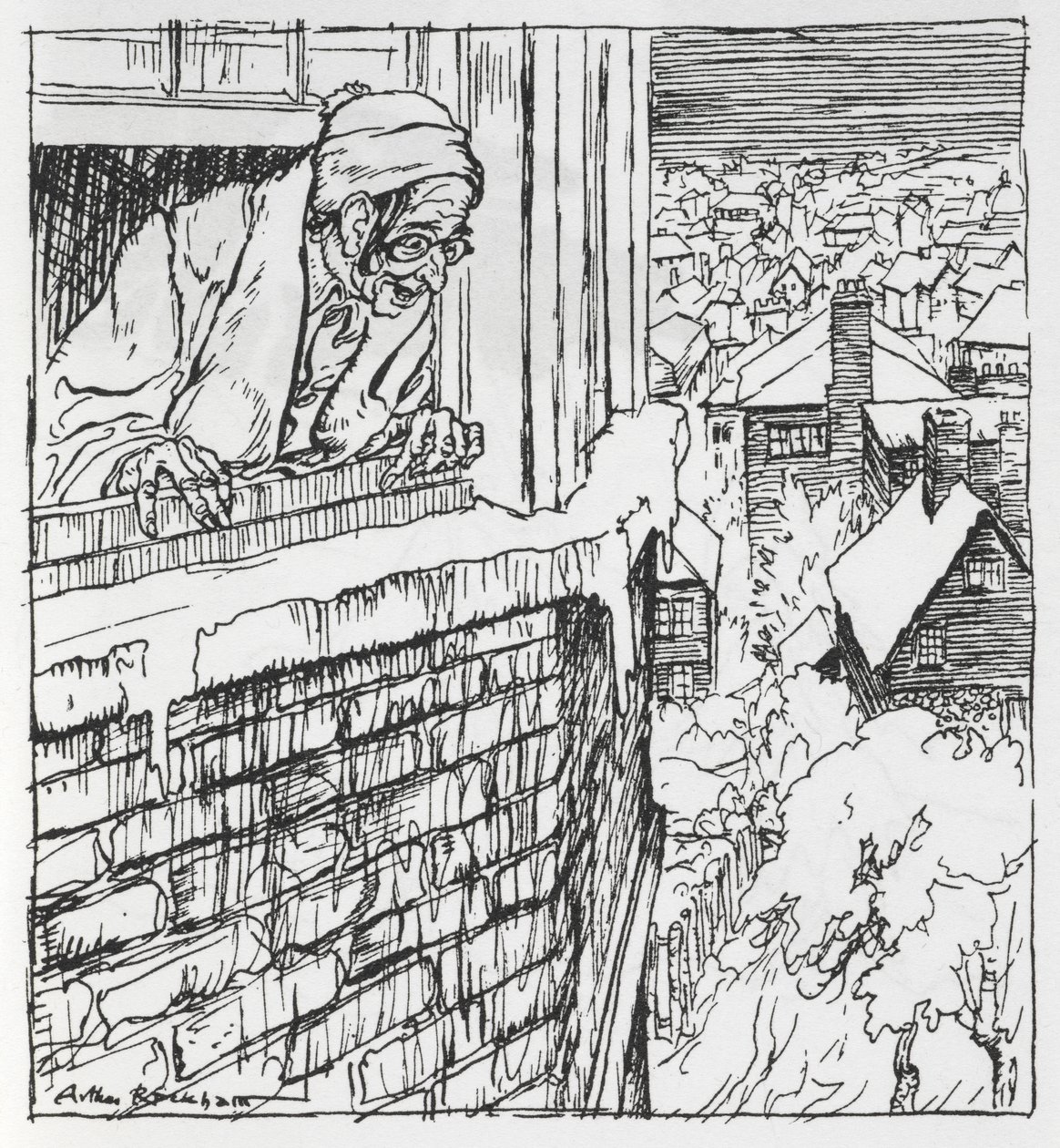 Mies katsoo ulos ikkunasta tekijältä Arthur Rackham