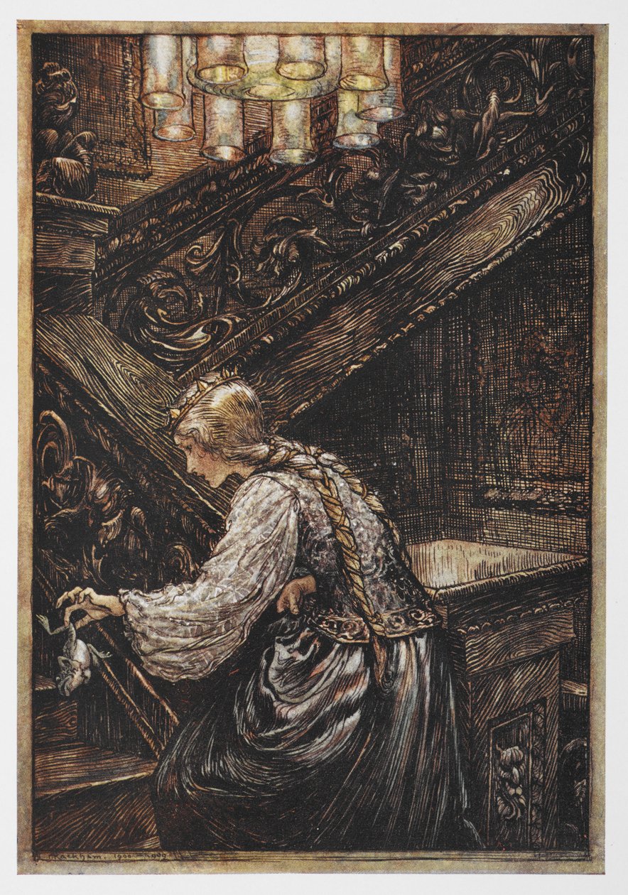 Sammakkoprinssiä kantava prinsessa. tekijältä Arthur Rackham