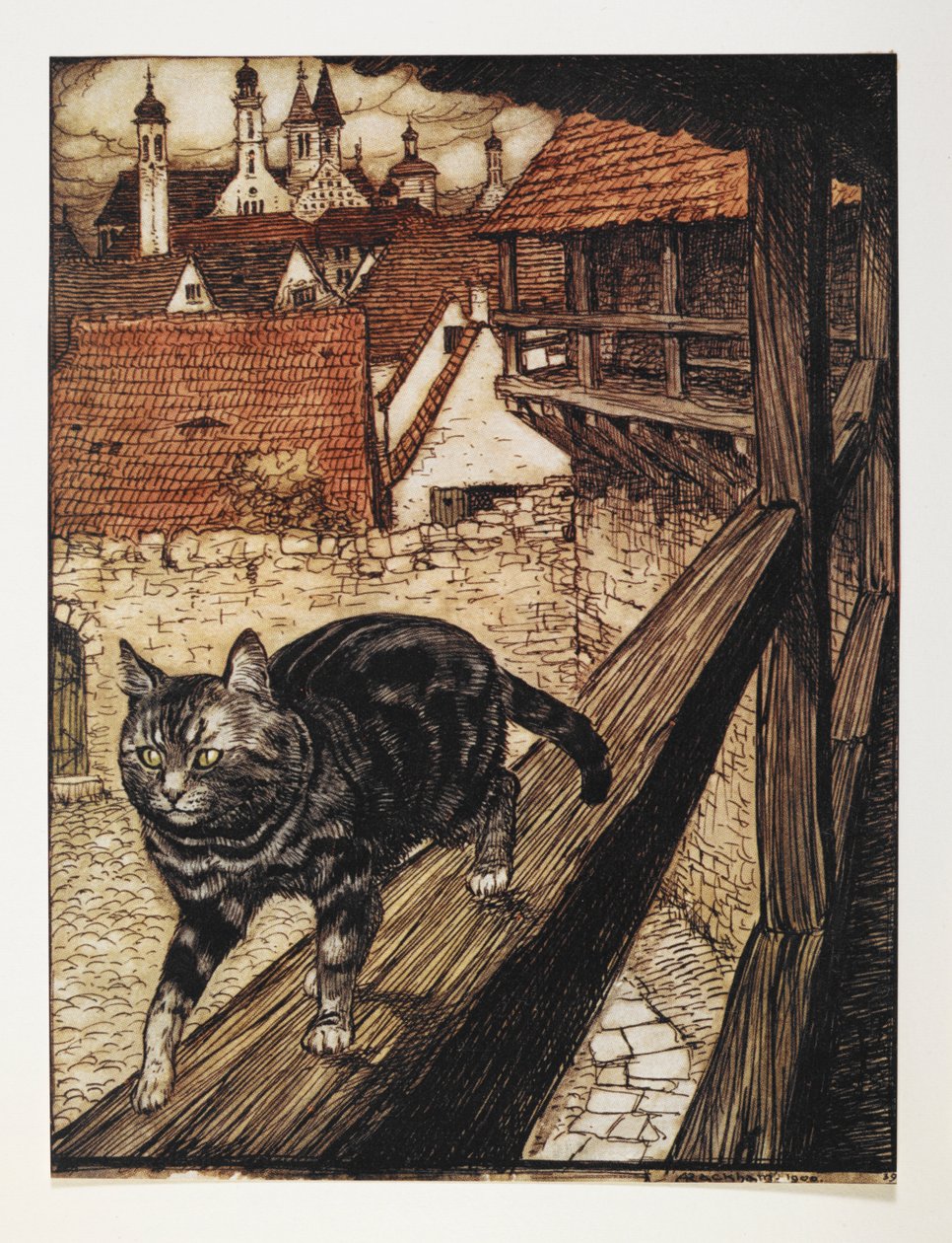 Rabbi-kissa kävelee rakennuksen puisia kiskoja pitkin. tekijältä Arthur Rackham