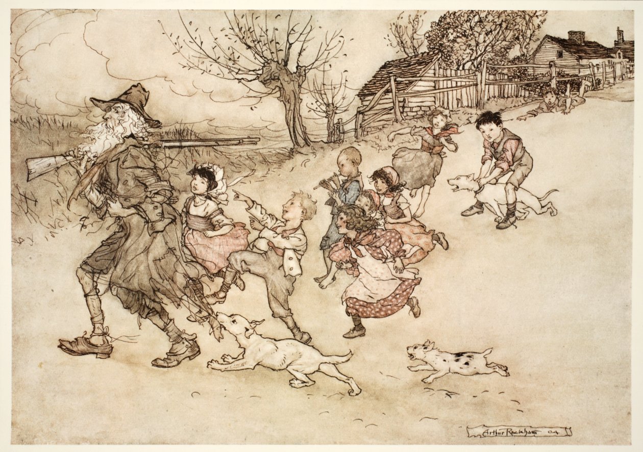 Joukko outoja lapsia juoksi hänen kannoillaan, huutaen hänen perässään ja osoittaen hänen harmaata partaaan. Rip Van Winkle, Washington Irving, pub. 1910 tekijältä Arthur Rackham