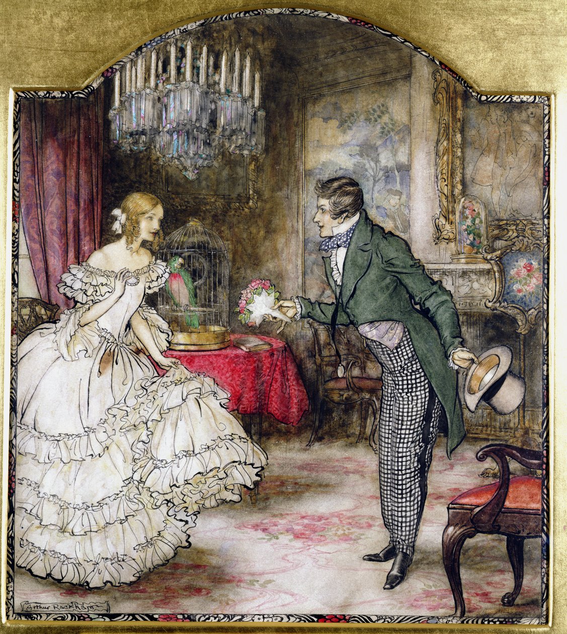 Nuori mies esittelee kimpun tytölle, joka seisoo olohuoneessa (wc, kynä ja muste paperilla) tekijältä Arthur Rackham