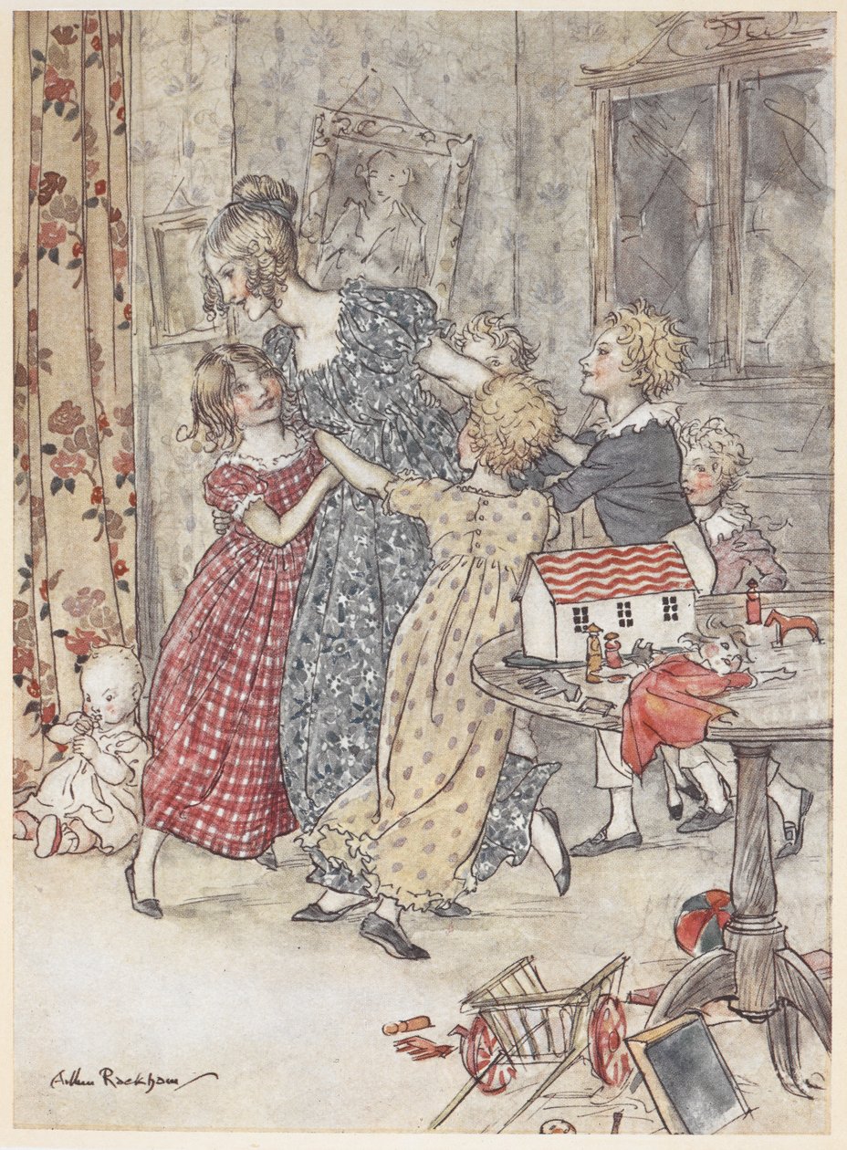 Nuori nainen ja lapset tanssivat leikkihuoneessa, joka on täynnä leluja tekijältä Arthur Rackham