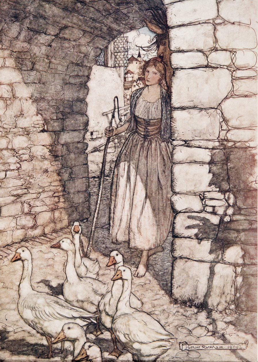 Valitettavasti! Rakas Falada, siellä sinä roikut .. , Grimmin veljesten saduista, kustantamo. 1909 tekijältä Arthur Rackham
