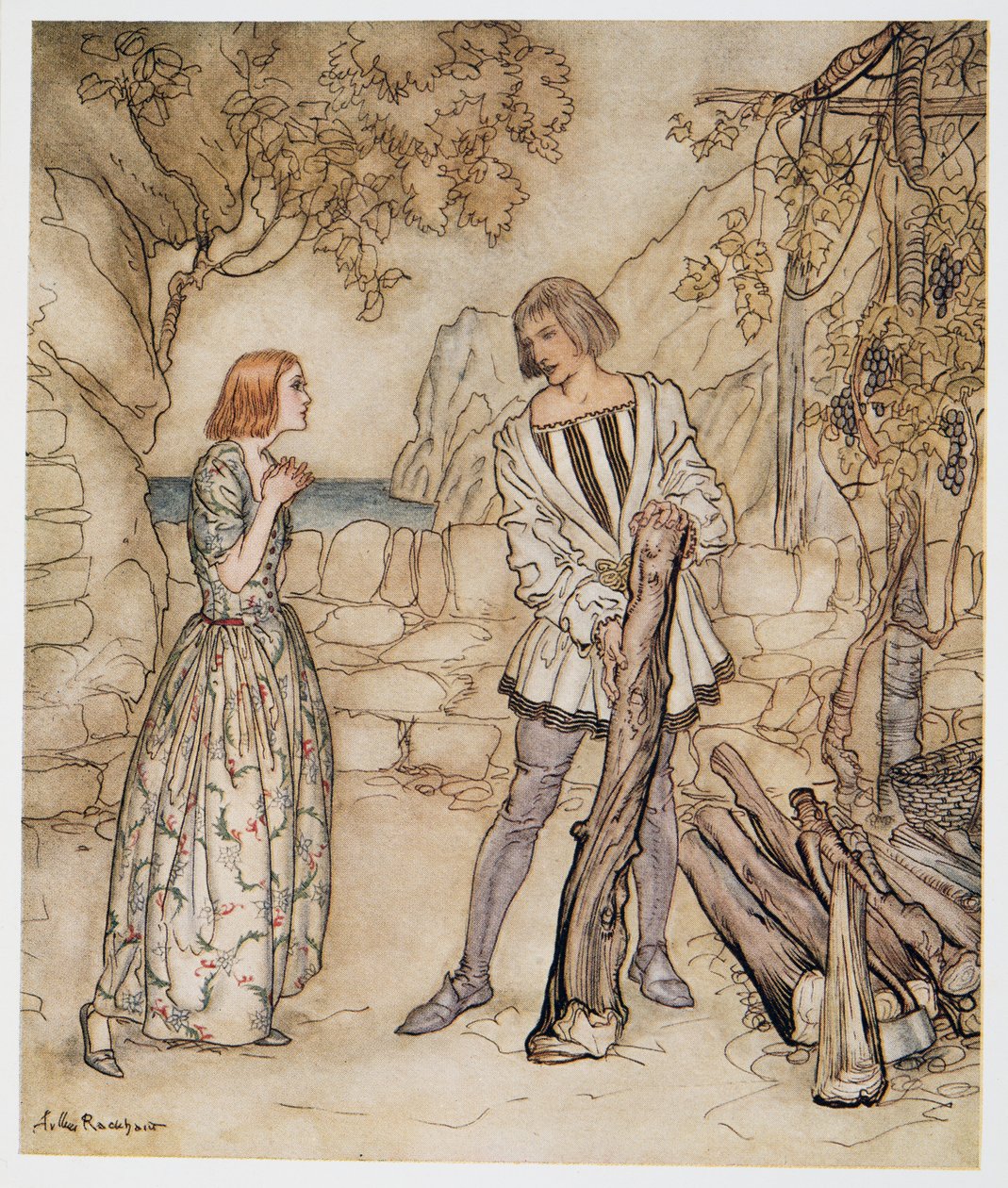 Alas, nyt, rukoile, älä tee niin kovasti töitä, kuvitus William Shakespearesin Myrsky, pub. 1926 tekijältä Arthur Rackham