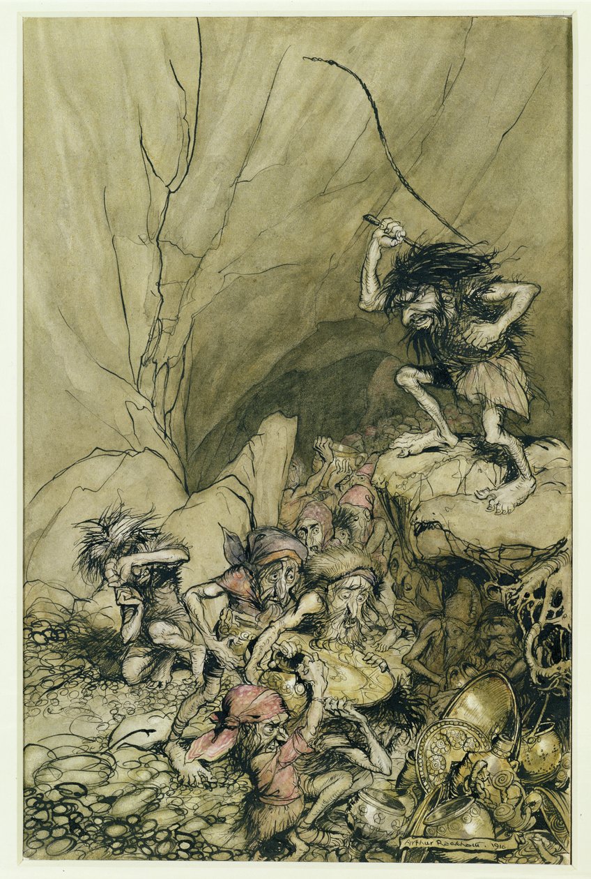 Huonekalut ja erilaiset esineet 1100- ja 1300-luvuilta tekijältä Arthur Rackham