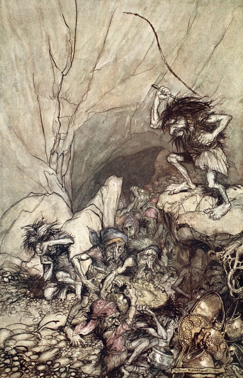 "Alberich ajaa nibelungien joukossa kulta- ja hopeaaarteineen", 1910. tekijältä Arthur Rackham