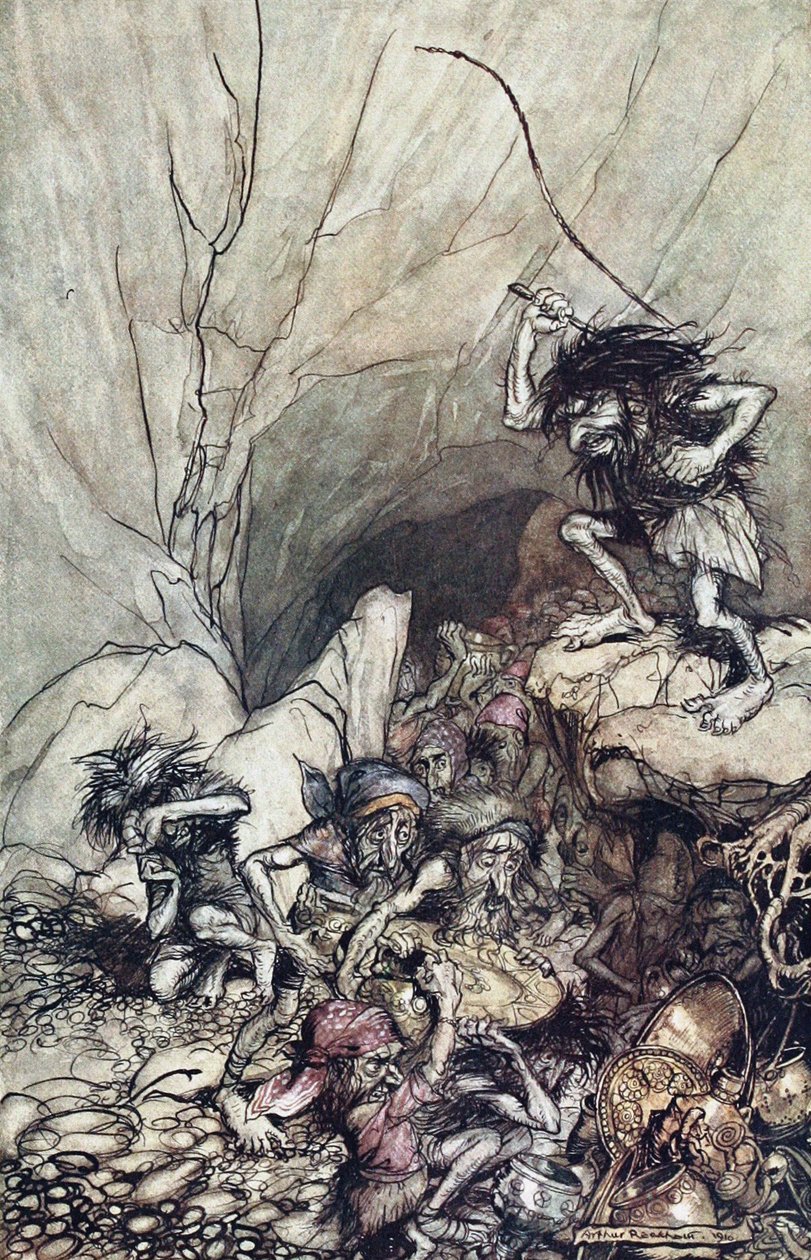 Alberich ajaa Niblungien joukossa, joka on täynnä kulta- ja hopeaaarteita. Kuvitus Rhille tekijältä Arthur Rackham