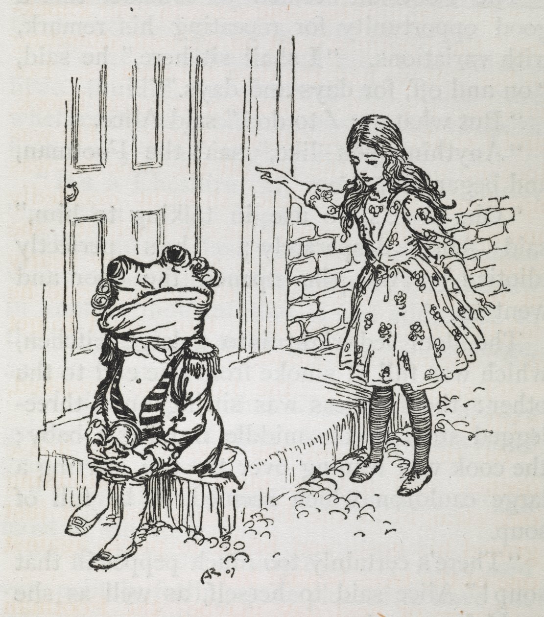 Liisa ja sammakko pukeutuneena jalkamieheksi tekijältä Arthur Rackham