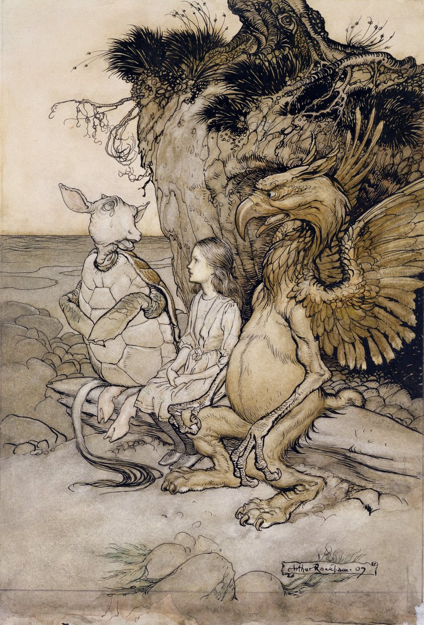 Liisa ja pilkkakilpikonna, kuvitus elokuvasta Liisa seikkailut ihmemaassa, 1907 (kynä ja muste & wc paperilla) tekijältä Arthur Rackham