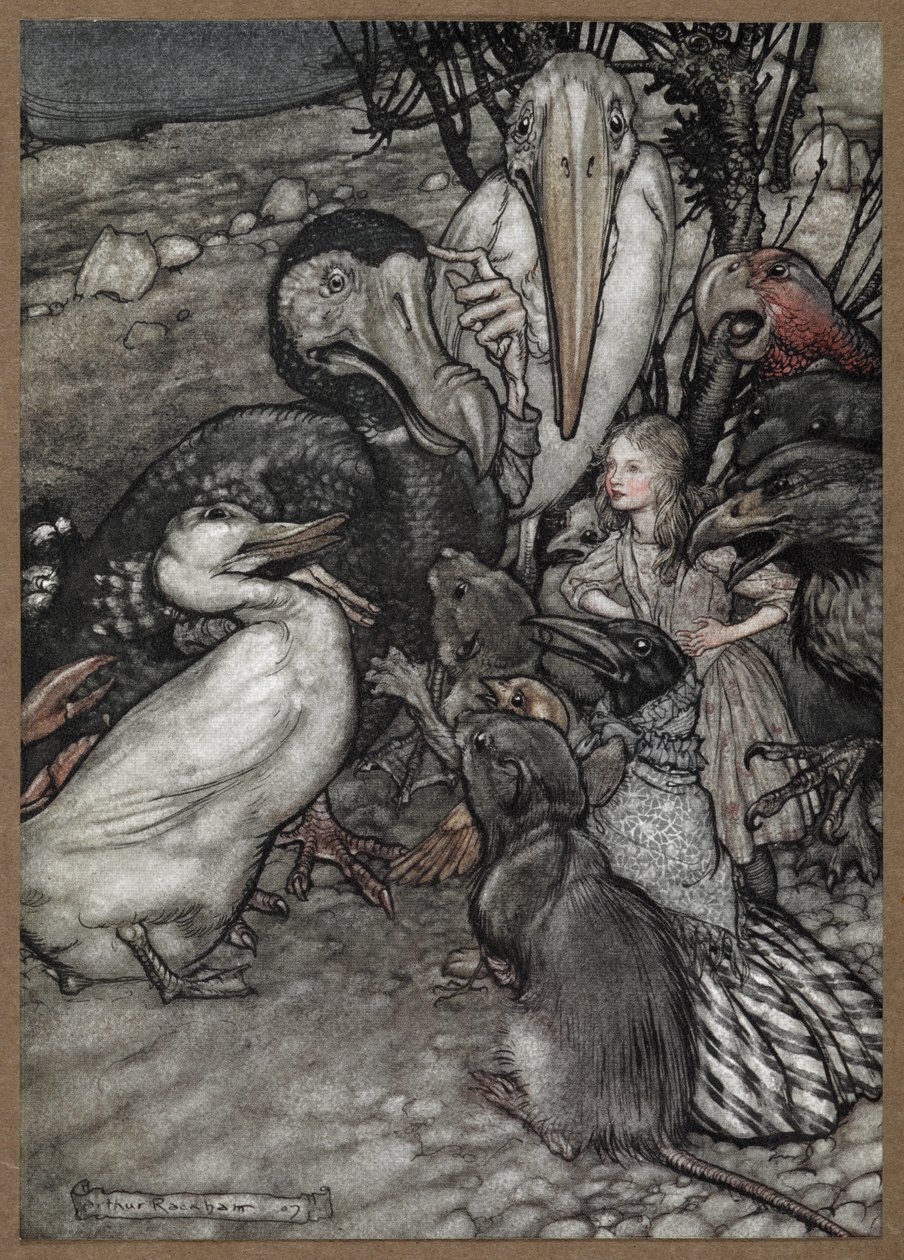 Alice ja eläimet Caucus Race -kilpailun jälkeen, mukaan lukien dodo, ankka, rotta, varis ja papukaija. tekijältä Arthur Rackham
