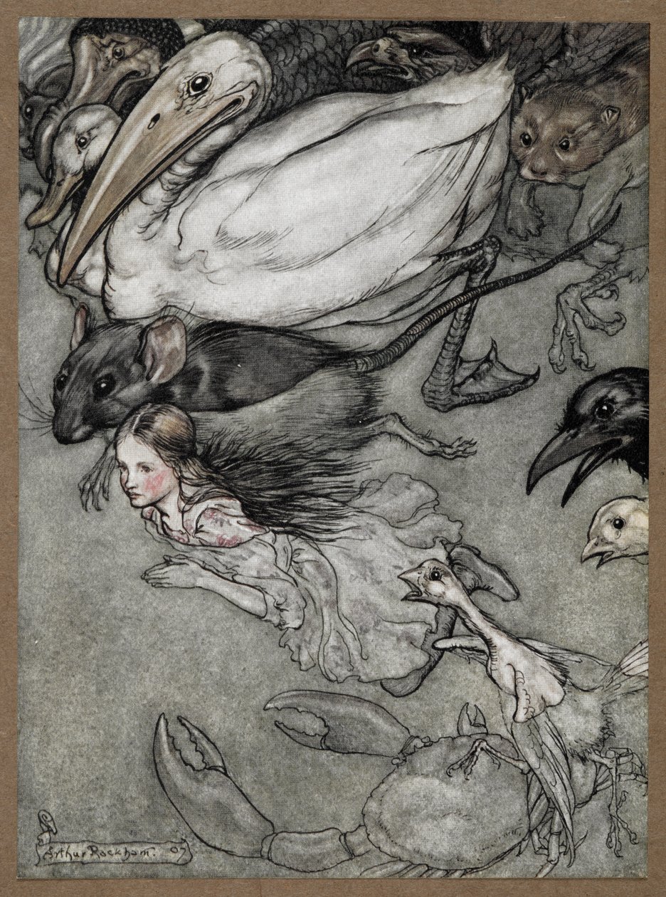 Liisa ja erilaiset eläimet uimassa, mukaan lukien rotta, ankka, dodo, varis, lumikko, rapu ja poikanen. tekijältä Arthur Rackham