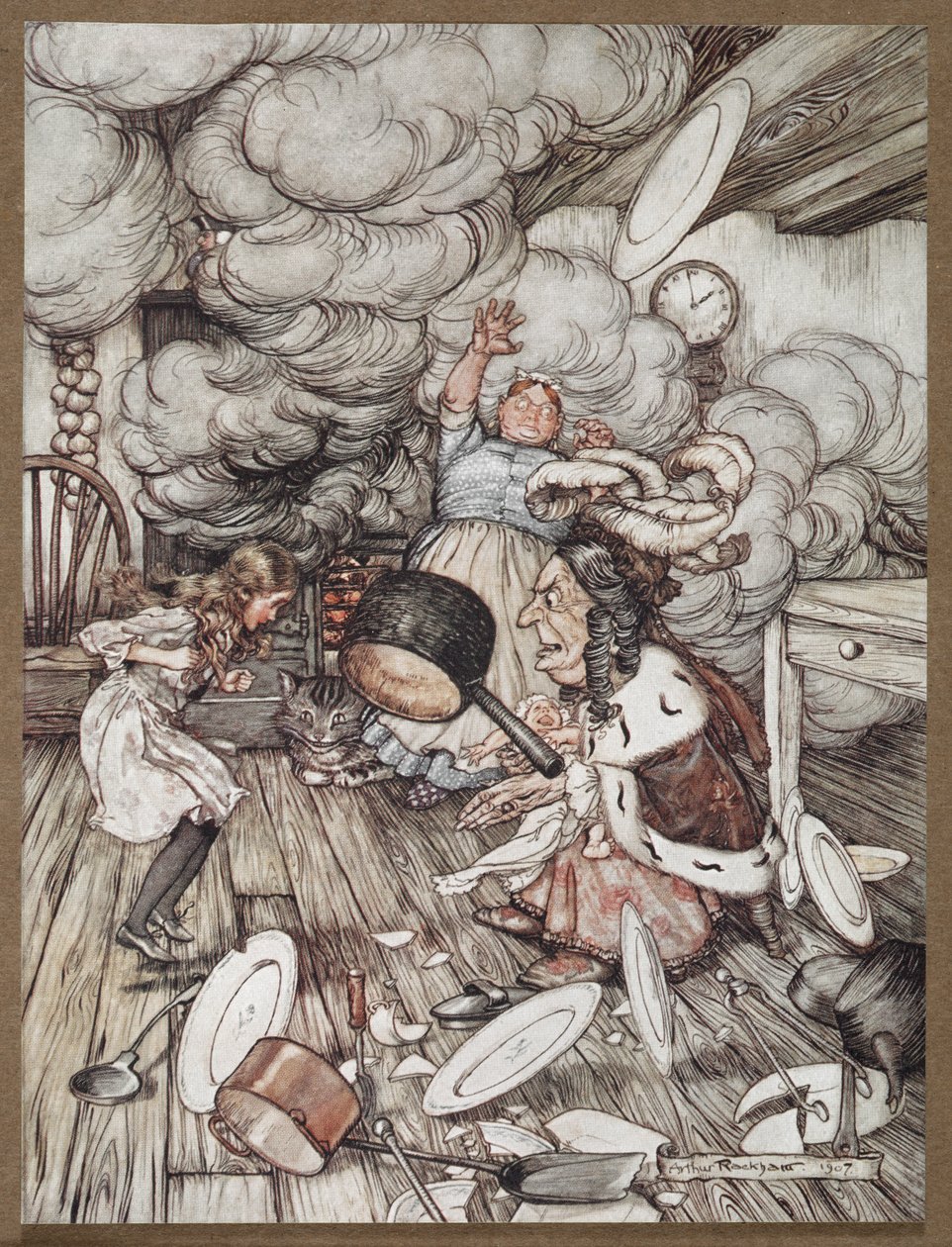 Liisa keittiössä herttuattaren, kokin ja Cheshire Catin kanssa tekijältä Arthur Rackham