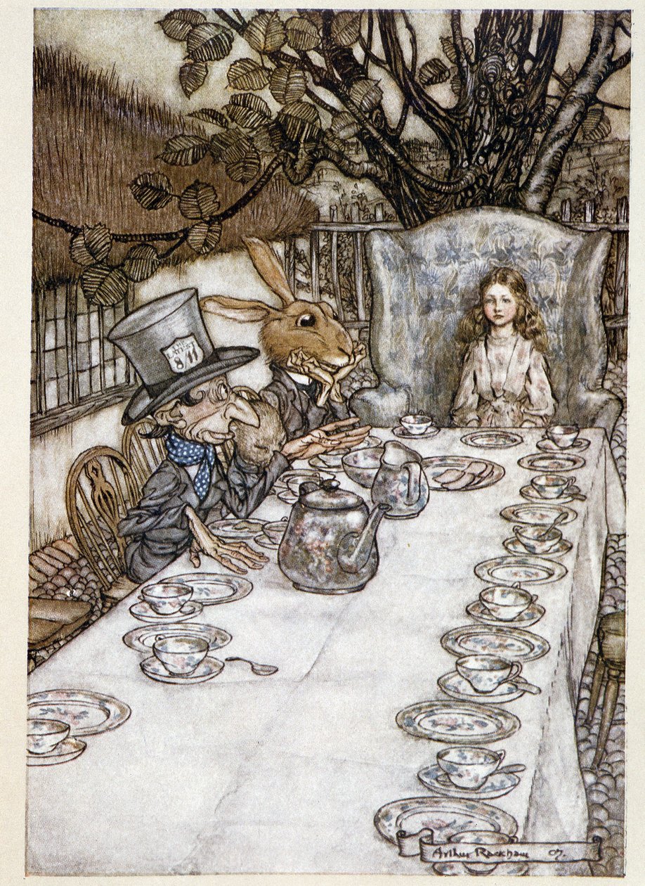 Alice vie "" tyhmissä""" (Hatuntekijä ja Mars Lievre) - "" Liisa ihmemaassa seikkailut"", Lewis Carroll, ill. Kirjailija: Arthur Rackham (1867-1939) tekijältä Arthur Rackham