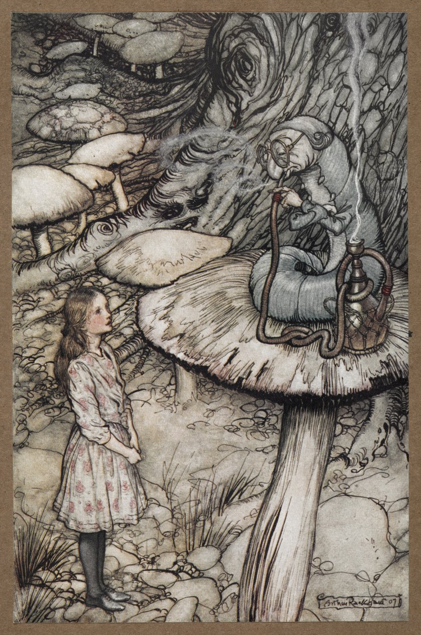 Alice puhuu toukalle, joka istuu sienellä ja polttaa piippua tekijältä Arthur Rackham
