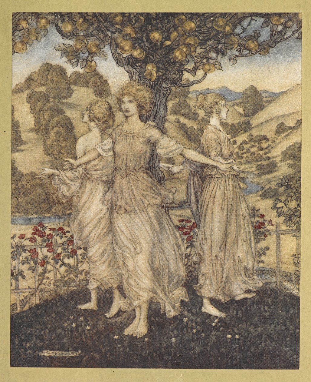 Kaikki keskellä puutarhamessuja, Hesperus ja hänen tyttärensä kolme, jotka laulavat kultaisesta puusta. tekijältä Arthur Rackham