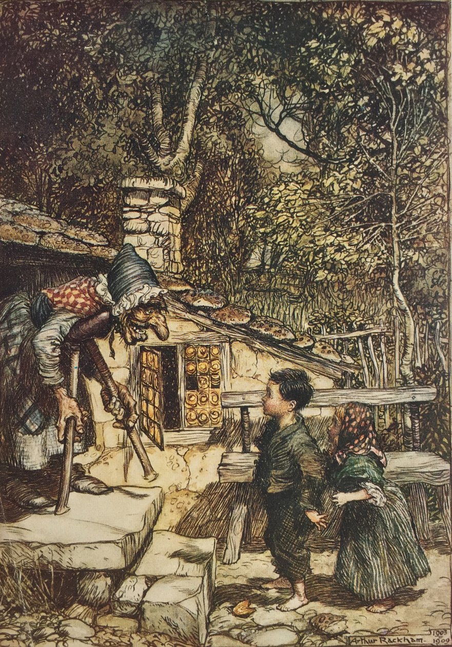 "Kaikella kerralla ovi avautui ja vanha, vanha nainen tukena itseään kainalosauvoilla, tuli hyppäämällä ulos", kuvitus teoksesta "Hansel ja Kerttu" tekijältä Arthur Rackham