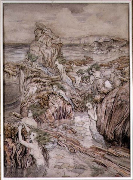 Aly, kuvitus Nathaniel Hawthornen kirjasta "The Three Golden Apples" (kolme kultaista omenaa), Hodder and Stoughtonin kustantama ihmekirja (tussi ja tussi, vesiväri paperille). tekijältä Arthur Rackham