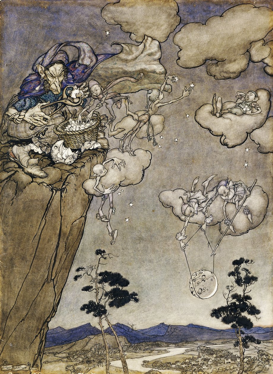 Kuvitus Rip van Winklelle: "Heitä hallitsi vanha squaw-henki", 1904 tekijältä Arthur Rackham