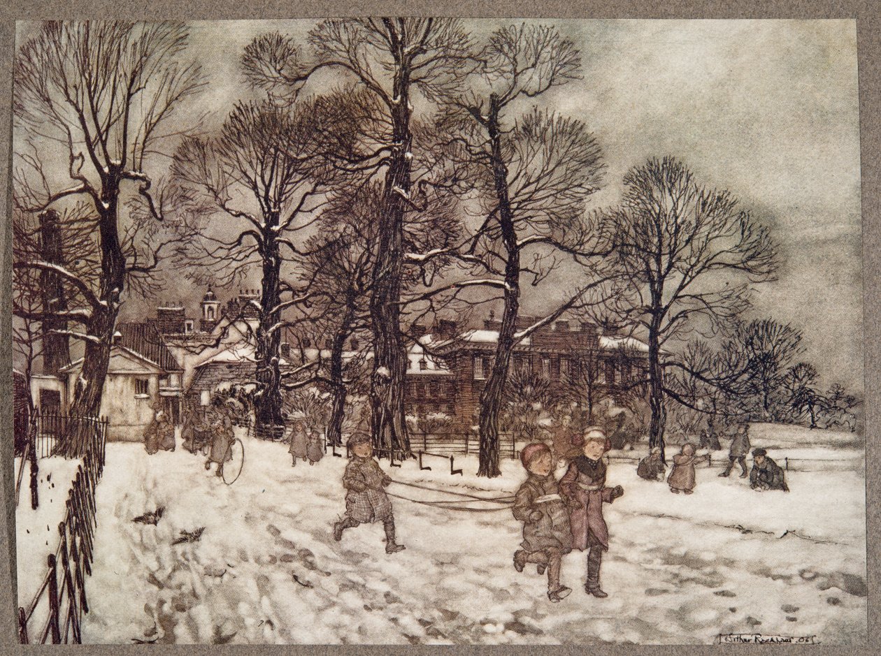 Iltapäivä, jolloin puutarhat olivat lumen valkoisia, Peter Panin Kensington Gardensissa kirjoittanut J M Barrie (1860 - 1937), pubi. 1906 tekijältä Arthur Rackham