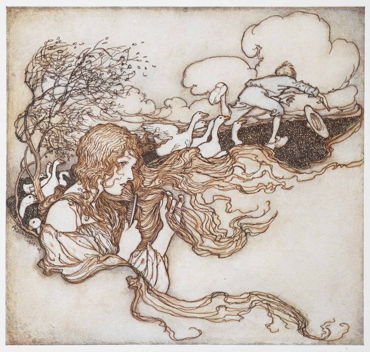 Uma ilustração de uma menina escovando o cabelo com gansos e um menino ao fundo, de The Goosegirl.finnish tekijältä Arthur Rackham
