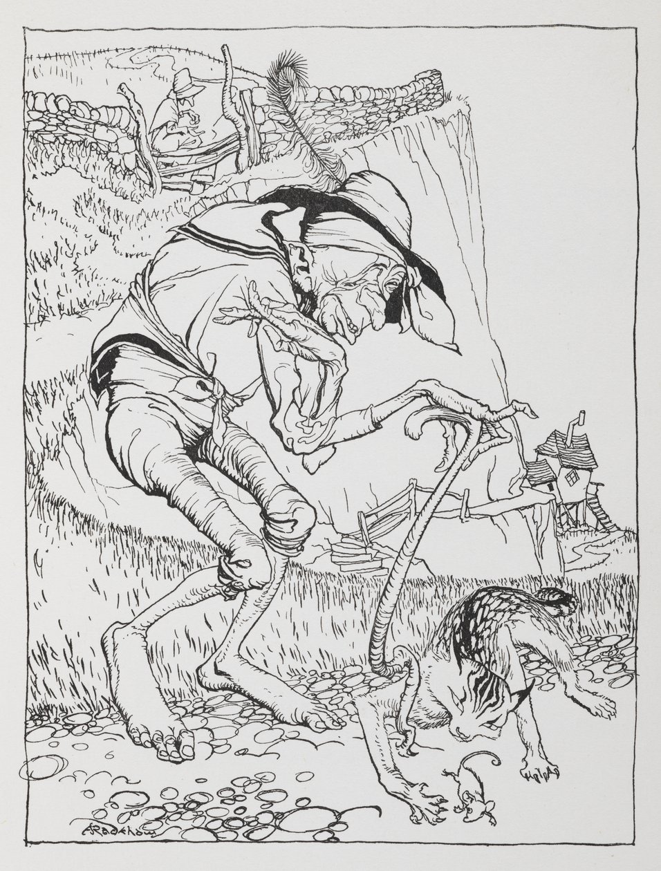 Vanha kiero mies vino kissansa ja kiero talonsa kanssa. tekijältä Arthur Rackham