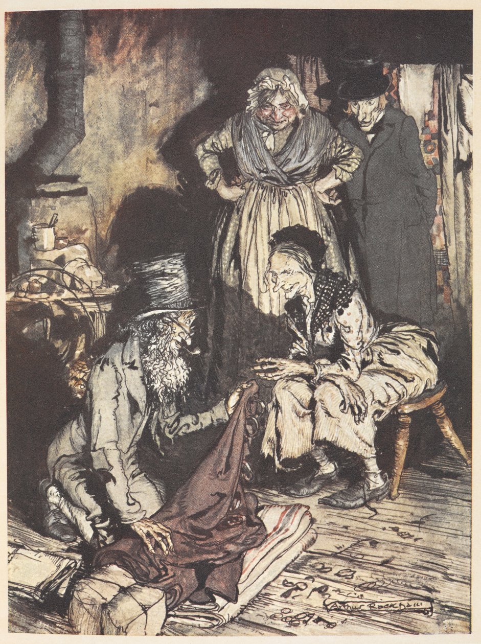 Vanha perhe talossaan, jossa mies tarjosi heille verhoja tekijältä Arthur Rackham