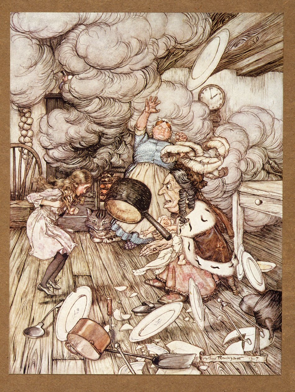 Epätavallisen suuri kattila lensi sen läheltä ja melkein vei sen mukanaan, Lewis Carrollin teoksesta Alicen seikkailut ihmemaassa, julkaisu 1907. tekijältä Arthur Rackham