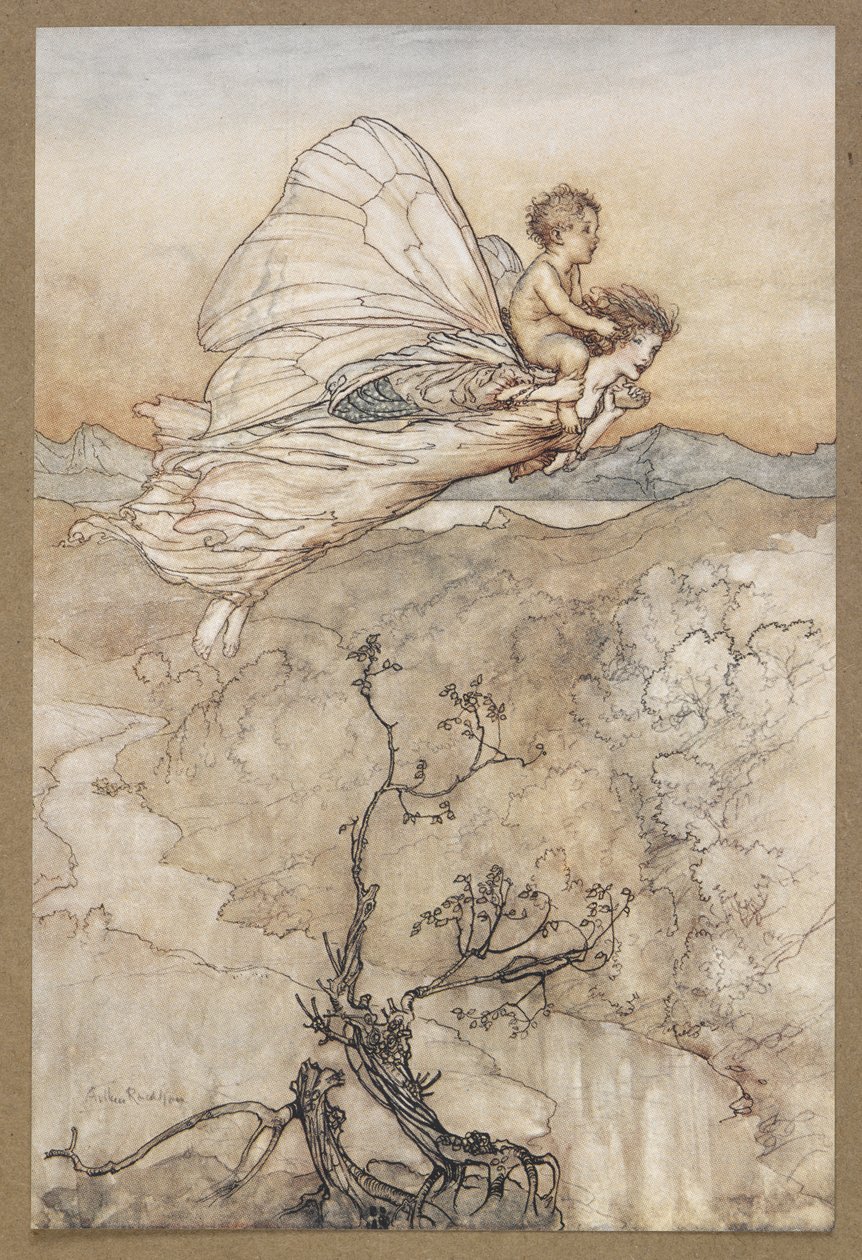 ... Ja hänen keijunsa lähetti kantamaan hänet majaani keijumaahan. Keiju lensi pois Changlingin kanssa. Kohtaus Kesäyön unelmasta. tekijältä Arthur Rackham