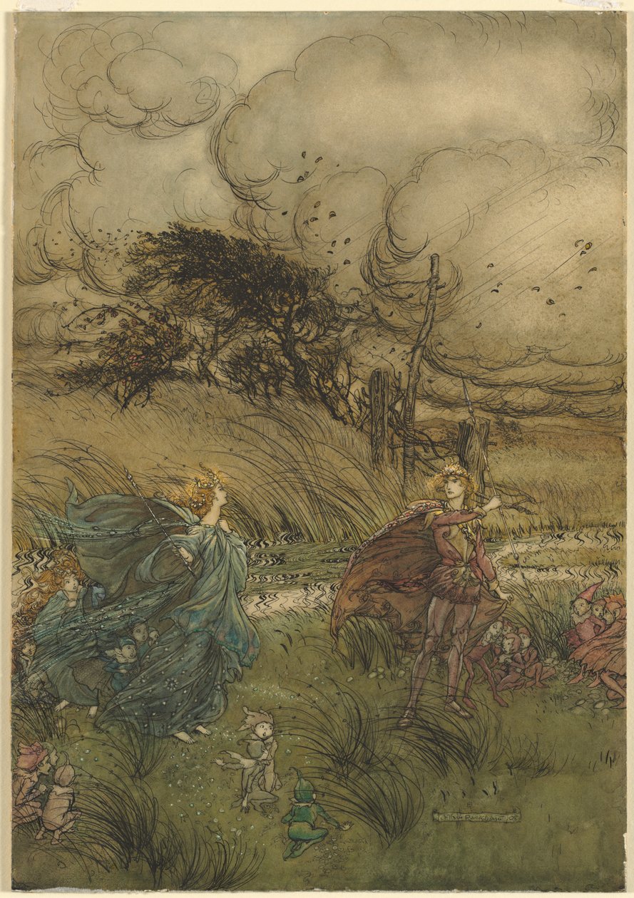 "Ja nyt he eivät koskaan tapaa lehdossa tai vihreissä", William Shakespearen Kesäyön unelman 2. näytöksestä 1. tekijältä Arthur Rackham