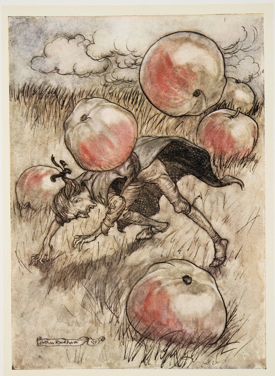 Apples Came Tumbling about my Ears, Jonathon Swiftin (1667 - 1745) Gulliversin matkat, julkaisu. 1909 tekijältä Arthur Rackham