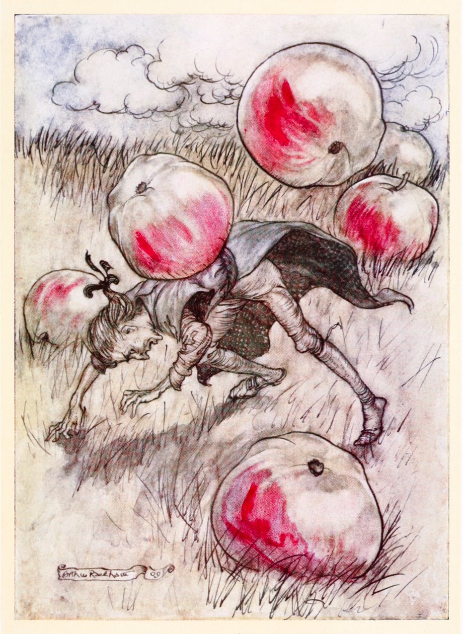 Omenat putoilivat korvieni ympärille Jonathan Swiftin teoksen Gulliversin matkat toisesta osasta: Matka Brobdingnagiin. tekijältä Arthur Rackham
