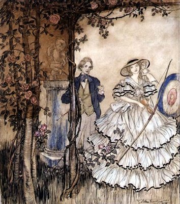 Jousiammunta (tussi, akvarelli) tekijältä Arthur Rackham