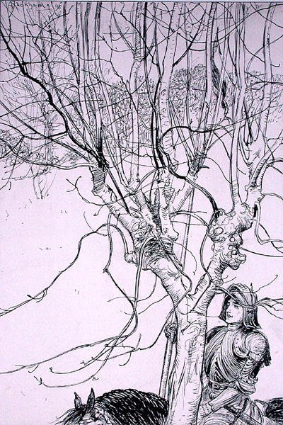 "As I lay thynkynge, hän ratsasti tiellään", kuvitus Thomas Ingoldsbyn teoksesta "The Ingoldsby Legends, or Mirth and Marvels", julkaistu 1898 (kynä ja muste paperille) tekijältä Arthur Rackham