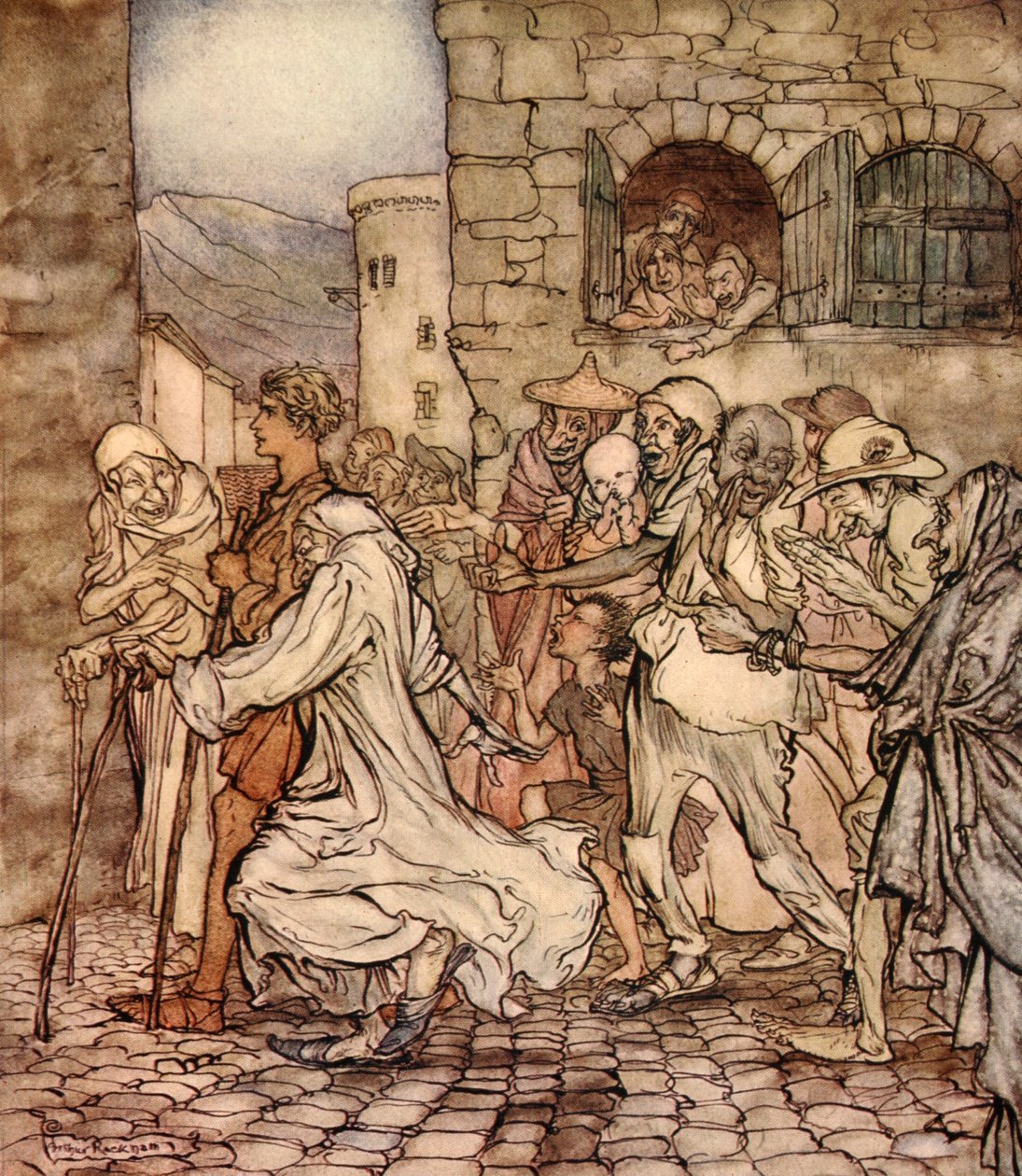 Kun Perseus käveli, ihmiset osoittivat hänen peräänsä, kuvitus Nathaniel Hawthornen kirjasta 