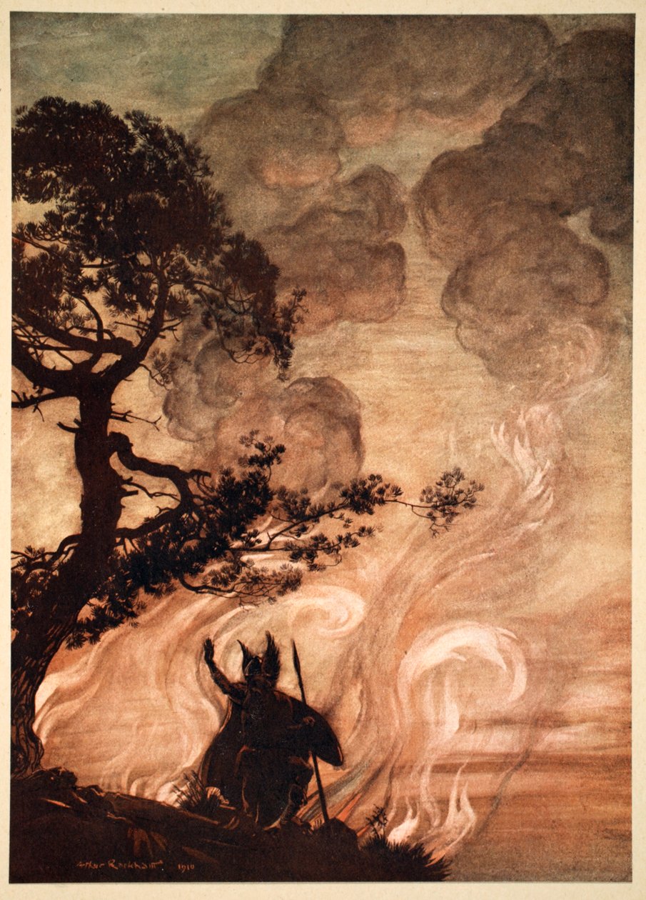 "Kun hän siirtyy hitaasti pois, Wotan kääntyy ja katsoo murheellisesti takaisin Brunnhildeen", 1910. tekijältä Arthur Rackham