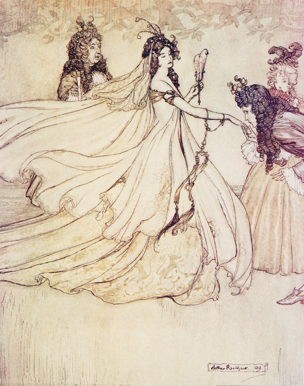 Ashenputtel lähtee tanssiaisiin, Grimmin veljesten saduista, pub. 1909 tekijältä Arthur Rackham