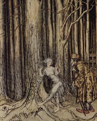 Lopulta hän tapasi Sulhan, joka oli palaamassa hitaasti takaisin, kuvitus Fitchers Birdille Grimmin veljen pikkusiskosta, 1917 (wc, kynä ja muste) tekijältä Arthur Rackham